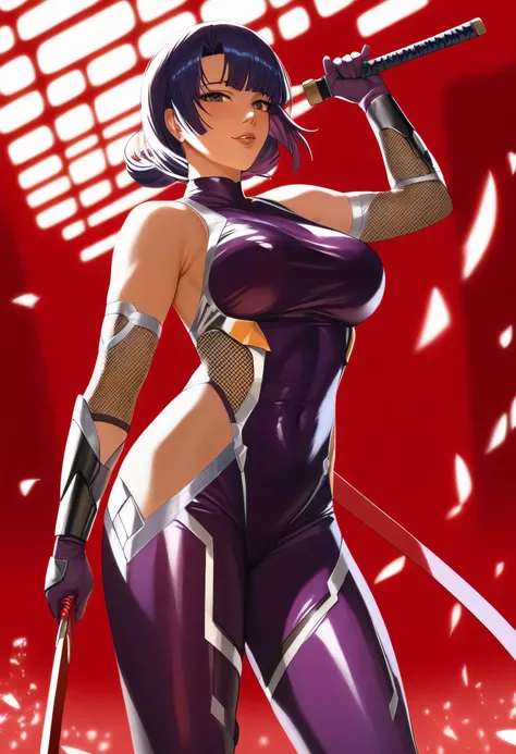 (masterpiece, best quality:1.2), cowboy shot, solo, 1 woman, ninja, female, beautiful, sexy, tsubaki miyajima, long purple hair, 40 y.o, MILF, sleek outfit, taimanin inspired outfit, darkness, wielding kunai, standing on top of a skyscraper, best quality, ...