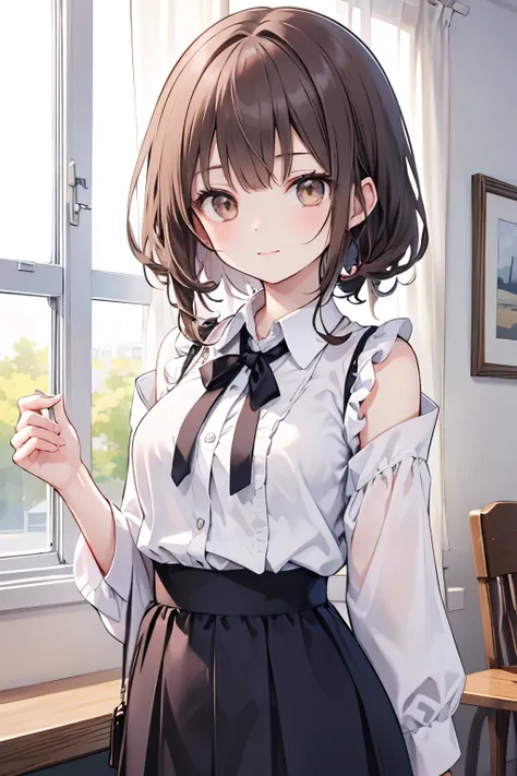 masterpiece, best quality, high quality, detailed face, 1girl, solo, young woman, 19 years old university student, aspiring nurse, slightly petite build (around 152cm), slender, calm brown shoulder-length hair loosely tied back, large dark brown eyes, wear...
