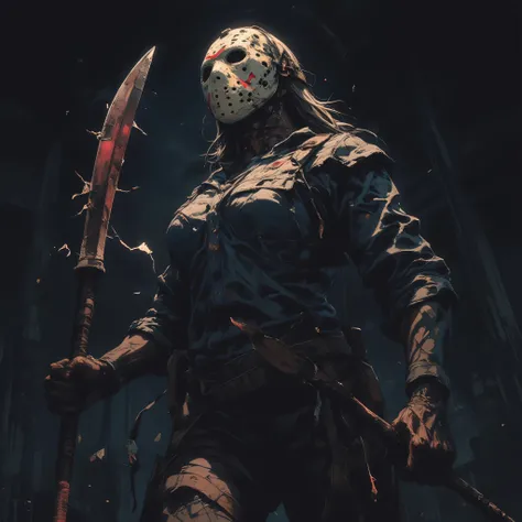 30-year-old woman、axを振り下ろす、 Friday the 13th 、Jason helmet、murderer、Big Breasts、cleavage、Hami Breasts、night、闇night、Destruction、High leg of fluorescence、fear、、Halo、ax、greatest masterpiece、top quality、anatomically accurate、anatomically accurateな女性、anatomicall...