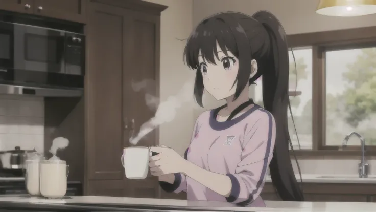 anime-style, illustration, sporty, young, woman, long, dark, brown, hair, high, ponytail, wearing, pink, and, black, athletic, outfit, holding, a, steaming, cup, of, black, coffee, in, a, bright, modern, kitchen, morning, light, relaxed, expression, slim, ...