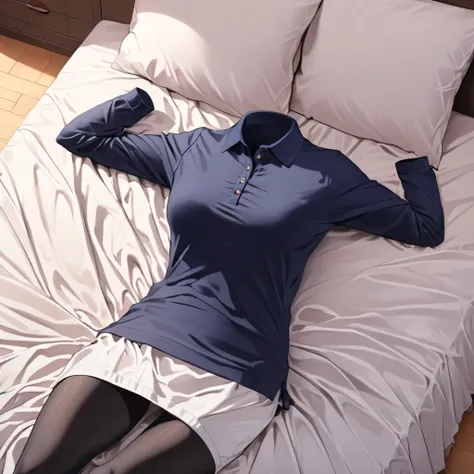 (invisible:1.5, no humans:1.5, headless:1.5, faceless:1.5), ( school polo shirt, dynamic pose:1.2), school leggings,lying on bed, long sleeve, (big breast), (best quality, masterpiece:1.2), detailed cloth texture, detailed anime, super fine illustration