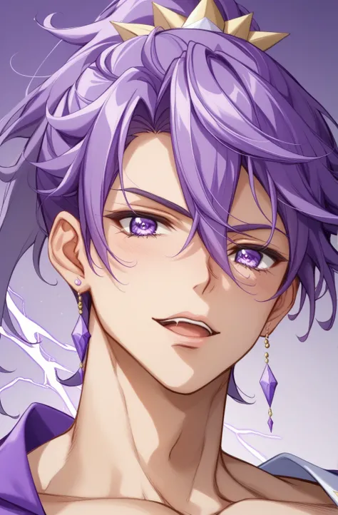 score 9 、score 8 up、score 7 up、source anime、masterpiece、top quality、high resolution、anime coloring、1boy、cure sword、(male:1.5)、close-up of a boy cartoon character with purple hair、high short ponytail hair、spade shape hair ornament、solo、portrait of Magic Boy...