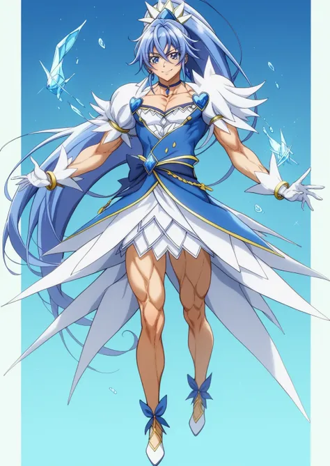 score 9 、score 8 up、score 7 up、source anime、masterpiece、top quality、high resolution、anime coloring、1boy、cure diamond、(male:1.5)、Close up of a blue-haired boy cartoon character、high long ponytail hair、dia shape hair ornament、solo、portrait of Magic Boy、Boy i...
