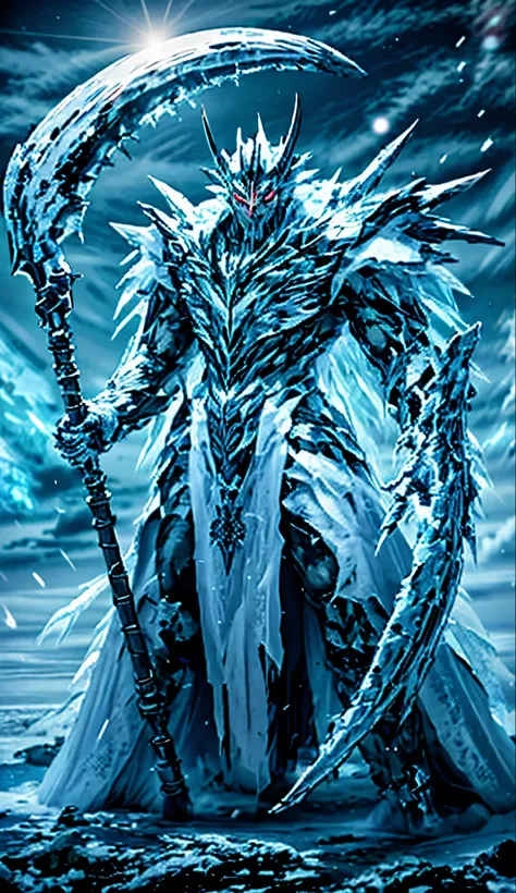 his hand with claws holds a battle axe, the unwavering precision of a warrior god、his face combines majesty and fear, Holodnaya Zvezda, trapped in the eternal gaze of power and cold-hearted calculation It's {x} an endless tundra spreads out under his feet ...