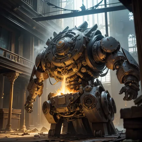 (best quality, 8k, highres, obra-prima:1.3), hair, HD anime style , colossal golem made of aged metal, burnt copper, darkened bronze and exposed gears, body built like a runic war machine, open chest revealing an energy core rotating with steam and blue li...