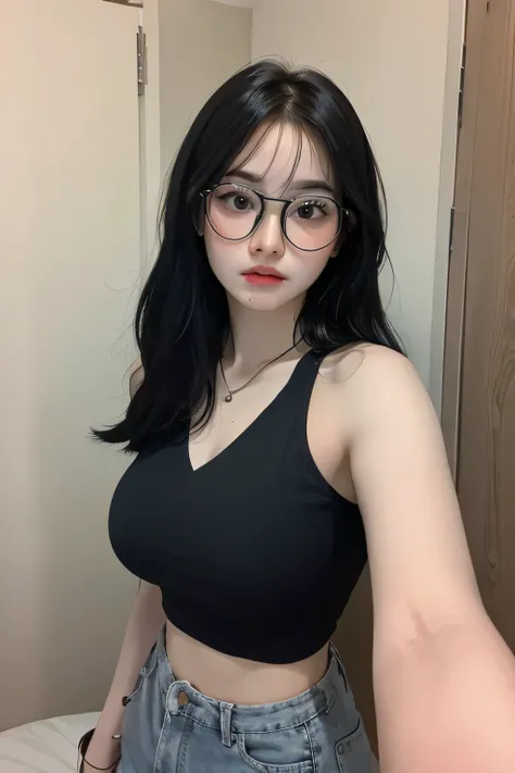 A beautiful young woman taking a selfie indoors, wearing round glasses, with long straight black hair and soft bangs. She is wearing a stylish black sleeveless crop top and high-waisted blue jeans. Natural lighting from the side highlights her smooth skin ...