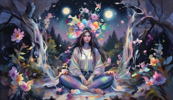 Fantasy-style painting of a young woman sitting cross-legged in an enchanted forest at dusk. Her hair, shimmering in vibrant neon colors, It flows like a waterfall, intertwined with intricate zentangle flowers and swirling blueberries. The waterfall spiral...