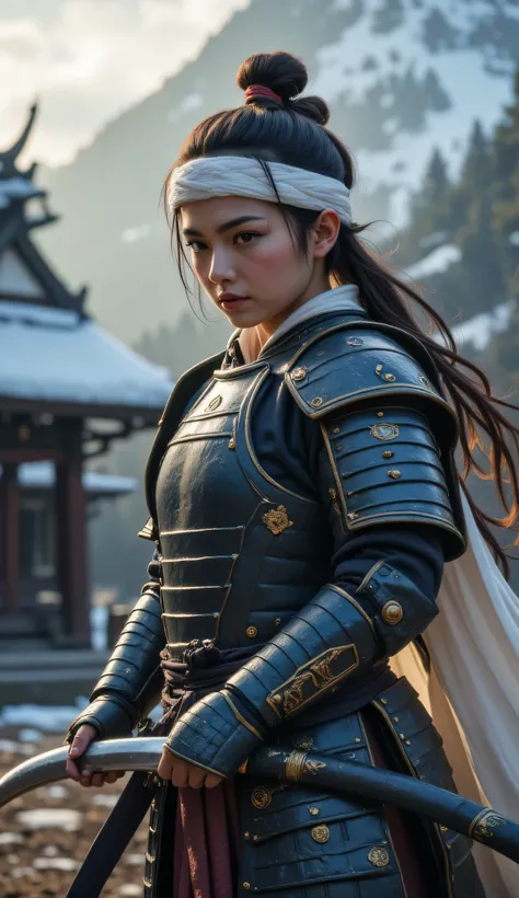 (japanese girl) (holding samurai sword)(wearing white head band)(wearing samurai armor)(realistic)(20 years old)