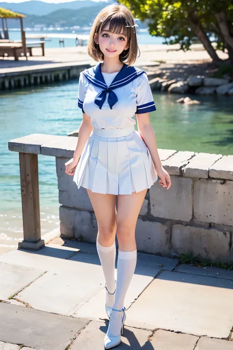 Best quality, full body focus, full body shot, perfect face, soft light, ultra high res, 8k, Masterpiece, , , view the viewer, full body , Front view, (1girl:(:1.2), , Cute face, (blue eys:1.5), (Light Blonde Medium hair, Bangs), beautiful (Big breasts:1.2...