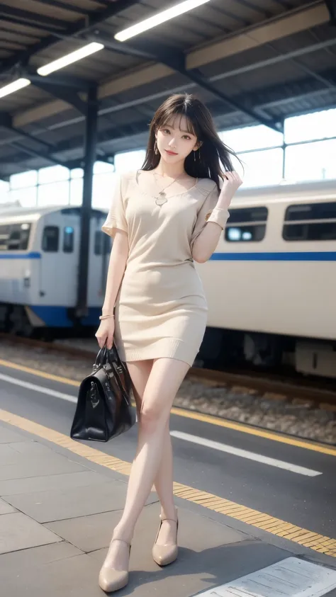 beige knit dress:(1.45), Japanese woman:(1.5), 20 years old:(1.25), straight long hair:(1.2), beautiful black hair:(1.3), (Clear dark eyes), light in the eyes, (beige shoes), slim body , Cute smile like an idol:(1.35), Face drawn precisely:(1.4), Fingers...