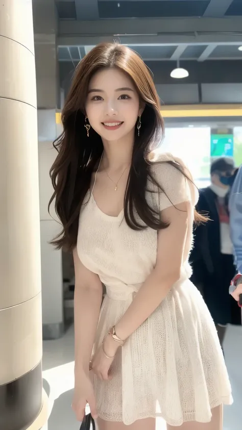 white knitted dress :(1.45), Japanese woman:(1.5), 20 years old:(1.25), straight long hair:(1.2), beautiful black hair:(1.3), (Clear dark eyes), light in the eyes,  white long boots:(1.3),  slim body , Cute smile like an idol:(1.35), Face drawn precisely:(...