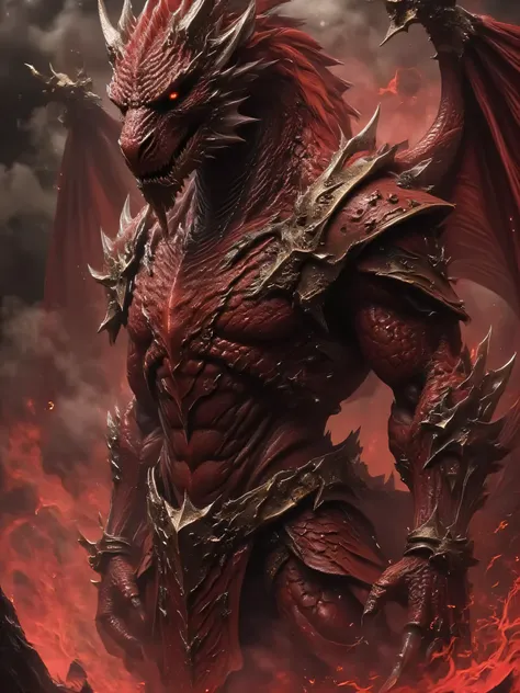 A hyper-muscular dragon warrior standing in a powerful pose. His body is covered in thick, iridescent dragon scales that shimmer in shades of deep crimson and obsidian. His glowing eyes radiate with intense energy, casting a mystical aura around him. Massi...
