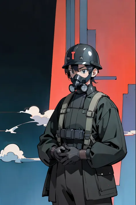 by Ken Sugimori, sugimori 1990s, ((only 1man)), adult. navy tactical military wetsuit, helmet, ((full-face gas mask)), serious, glaring, ((hands behind their back)), full black pupils, manga, best quality, highly detailed, clean lines, cowboy shot, good ha...