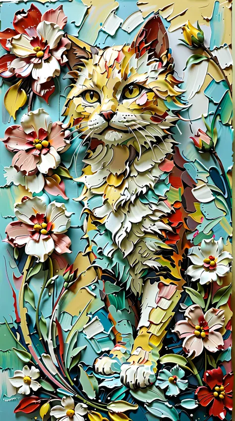 , the colorful and textured painting of the face of a small kitten partially obscured by a colorful flower. 1 cat size, 3 parts of the image, and along the outline of the image.. The nose of the cat is noticeably painted in pink.. flower, Mostly it is in t...