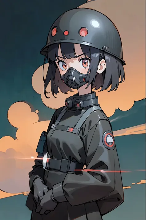 by Ken Sugimori, sugimori 1990s, ((only 1woman)), navy tactical military wetsuit, helmet, ((full-face gas mask)), serious, glaring, angry, ((hands behind their back)), full black pupils, manga, best quality, highly detailed, clean lines, cowboy shot, good ...