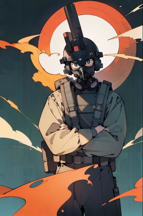 by Ken Sugimori, sugimori 1990s, ((only 1man)), adult. navy tactical military wetsuit, helmet, ((full-face gas mask)), serious, glaring, ((hands behind their back)), full black pupils, manga, best quality, highly detailed, clean lines, cowboy shot, good ha...