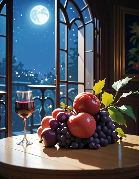 there is a glass of red wine and grapes on a white wood table in a minimalist room, it is night time, moonlight,