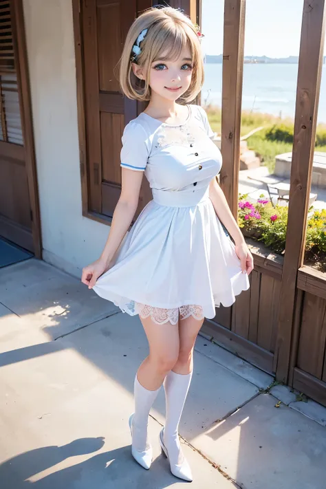 Best quality, full body focus, full body shot, perfect face, soft light, ultra high res, 8k, Masterpiece, , , view the viewer, full body , Front view, (1girl:(:1.2), , Cute face, (blue eys:1.5), (Light Blonde long:0.7 hair, Bangs), beautiful (Big breasts:1...