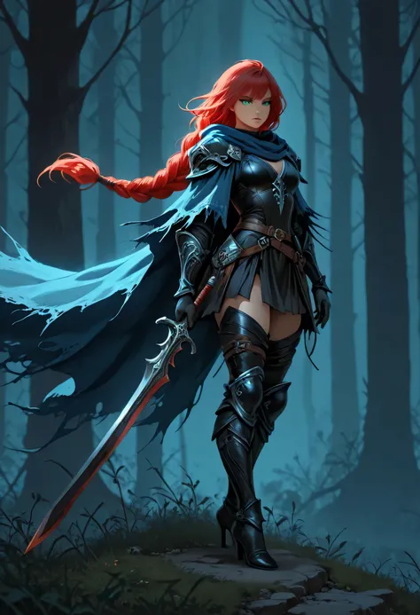 score_9, score_8_up, score_7_up, score_6_up, score_5_up, score_4_up, fantasy art, RPG art, Dark fantasy art, ultra wide shot, RAW, photorealistic, a portrait picture of female human ranger, the ranger, an exquisite beautiful human woman, long red hair, br...