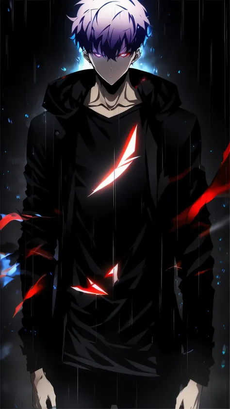 "Ultra-detailed, 8K masterpiece portrait of a solo male character inspired by Kaneki Ken from Tokyo Ghoul, in the art style of Solo Leveling. White short hair, red glowing eyes, pale skin, cinematic lighting, strong depth of field. Wearing a black hood up,...