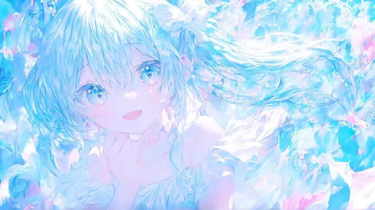 Soft Line, alone,top quality, beautiful, light blue abbasa dress, girl, a puppy, solo, girl1人, happy,is standing, watch viewers, look to the side, semi-long, light blue hair tied at the top, light blue eyes, Eyes Open, pale skin, , , age , colorful,close, ...