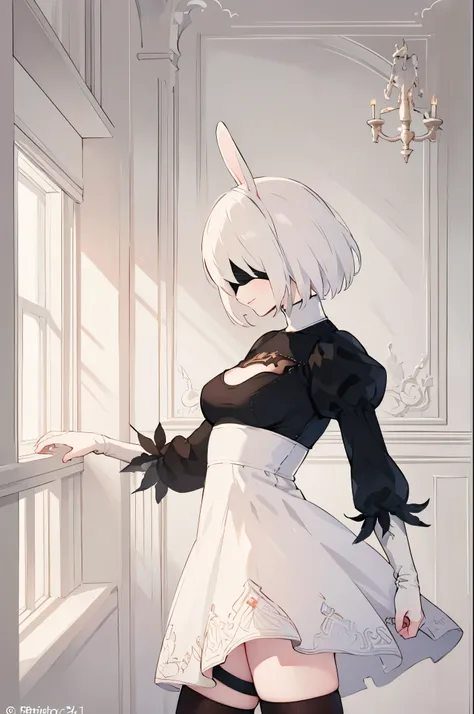 2b, nier automata, yorha, android, black blindfold, female, anime 1girl Cowboy shot Solo Sharp outlines, rich details (long white hair covering human ears, 2long white rabbits ears, 2fluffy ears, pink lips, NO EARRINGS) Iron Collar with O-Ring Subtle natur...