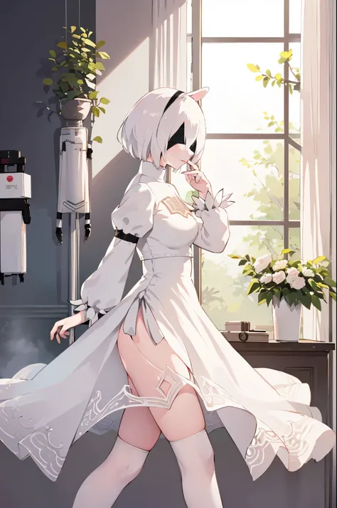 2b, nier automata, yorha, android, black blindfold, female, anime 1girl Cowboy shot Solo Sharp outlines, rich details (long white hair covering human ears, 2long white rabbits ears, 2fluffy ears, pink lips, NO EARRINGS) Iron Collar with O-Ring Subtle natur...