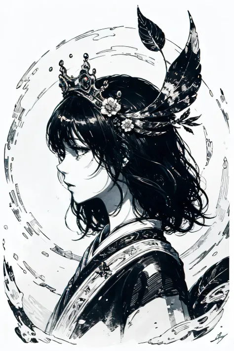 (bust shot, close-up), a beautiful ancient Chinese empress, delicate modern Asian face, sorrowful gentle smile, subtle sadness in her eyes, traditional royal makeup, ornate jade crown, hanfu with flowing silk, detailed ink brush lines, soft expression, tra...