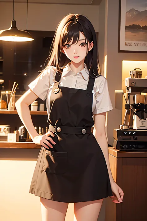 animation、HD、high resolution、Woman working in a coffee shop、miniskirt、early morning、soft light、Retro interior、 beige apron 、