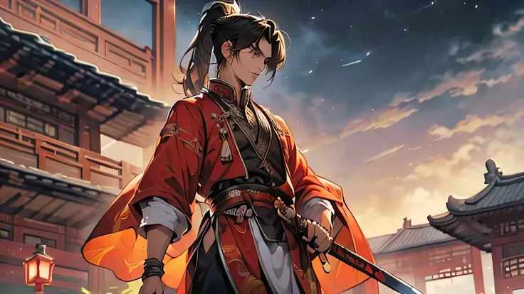 (Best quality,A high resolution,The image is clear，:1.2),A handsome young man holding a sword，Chinese-style clothes，high ponytails，natta，Garden scene,under moonlight,starrysky