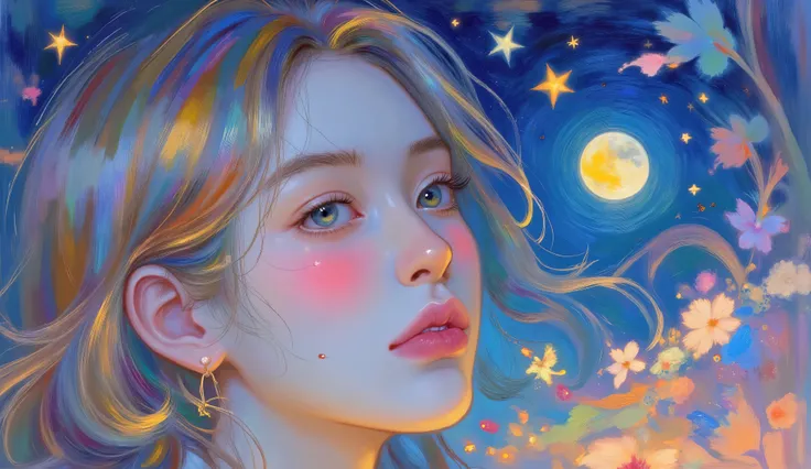 impressionist_ style ,oil ,brushstrokes that capture the essence of Impressionism with its vivacity, brilliant representation of a female face.
This artwork includes、in the foreground a woman, with a delicate face and bright eyes, Looking at the starry sk...