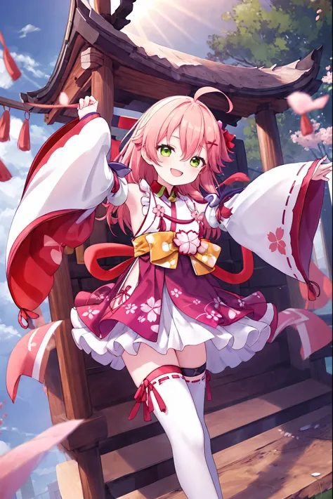masterpiece, best quality, highres, miko1, sakura_miko, 1girl, big_, solo, ahoge, x_hair_ornament, light_red_hair, floral print, hairclip,(side_less_clothes:1.5), (side_:1.5), hair_bell, floral print, long_hair, hair between eyes, one side up, white thighh...