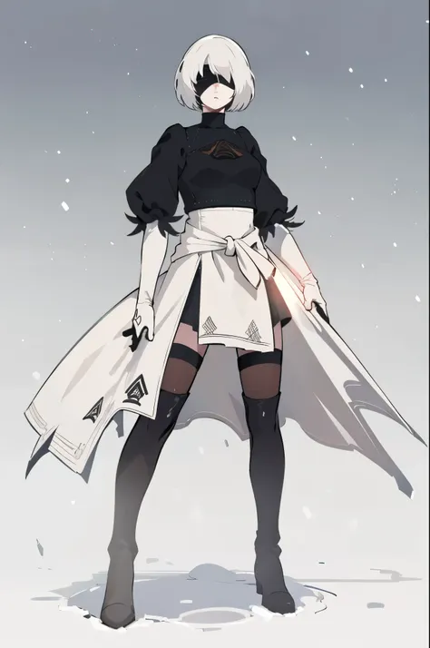 2b, nier automata, yorha, android, black blindfold, female, anime, 1girl, solo, cowboy shot full body standing straight symmetrical, female warrior princess, big belt around waist, hair, very white skin like snow, wearing full heavy armor red cape, brown l...