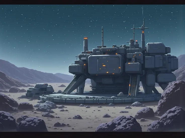 Science fiction outpost set on an barren world, in a blocky hard science fiction technical style, landing pad, starlit sky, night, 