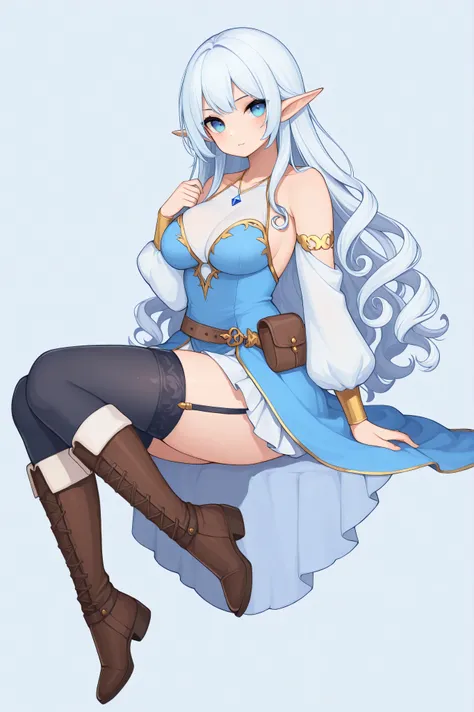 1girl, long hair, medium breasts, timidly looking at viewer, simple background, black thighhighs, long sleeves, white royal elf dress, skirt, dress skirt, bare shoulders, covered breasts, jewelry, pale blue eyes, collarbone, full body, white hair, boots, d...