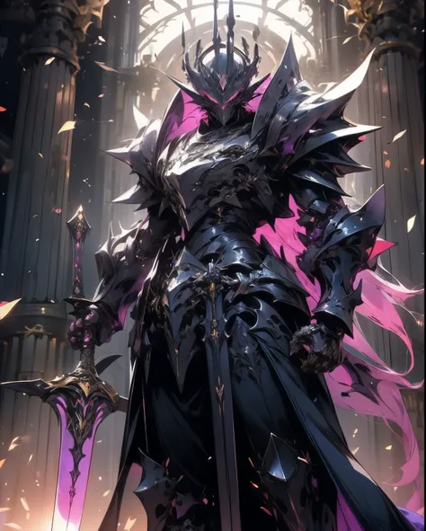 arafed knight standing in a dark room with a sword, burnt armor, purple fire color reflected armor, steampunk bioarmor, whitewood forest themed armor, demonic dragon inspired armor, corrupted armor, gothic armor, purple and white color armor, cyberpunk fla...