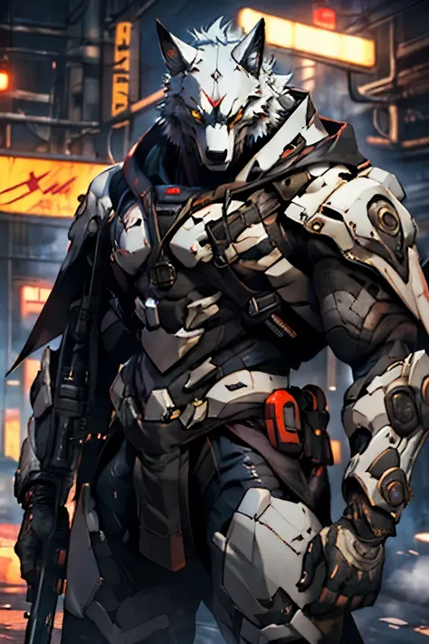 A lone sniper standing on a rooftop at night, wearing a sleek, tactical wolf-themed armor with a dark hood. The mask resembles a fierce wolf face, glowing faintly in the shadows. He carries a large, customized AWM sniper rifle, resting confidently on his s...