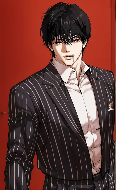 1male,solo,touji_fushiguro, black hair, black eyes,short hair,hair between eyes,bangs,scar on mouth,pinstripe suit,  big_muscle, portrait,Lookism PTJ Style