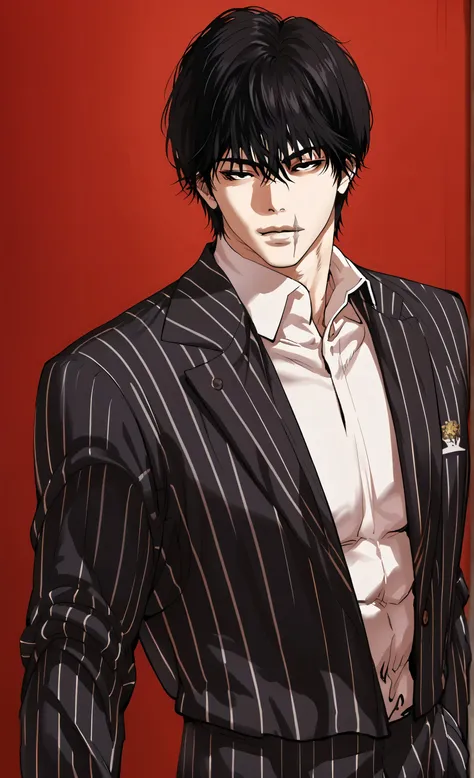 1male,solo,touji_fushiguro, black hair, black eyes,short hair,hair between eyes,bangs,scar on mouth,pinstripe suit,  big_muscle, portrait,Lookism PTJ Style