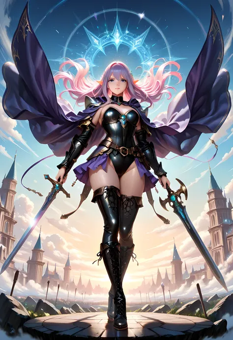 a picture of a female elf, fantasy swashbuckler, fantasy fencer, armed with a slim sword, shinning sword, magical sword, metallic shine, colorful clothes, full body, epic beautiful female elf, rich hair, braided hair, small pointed ears, wearing purple cl...