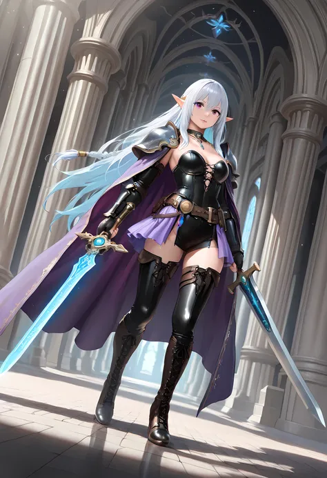a picture of a female elf, fantasy swashbuckler, fantasy fencer, armed with a slim sword, shinning sword, magical sword, metallic shine, colorful clothes, full body, epic beautiful female elf, rich hair, braided hair, small pointed ears, wearing purple cl...