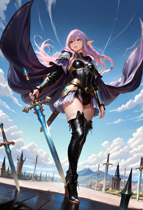 a picture of a female elf, fantasy swashbuckler, fantasy fencer, armed with a slim sword, shinning sword, magical sword, metallic shine, colorful clothes, full body, epic beautiful female elf, rich hair, braided hair, small pointed ears, wearing purple cl...