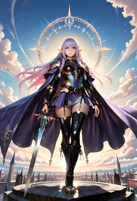 a picture of a female elf, fantasy swashbuckler, fantasy fencer, armed with a slim sword, shinning sword, magical sword, metallic shine, colorful clothes, full body, epic beautiful female elf, rich hair, braided hair, small pointed ears, wearing purple cl...