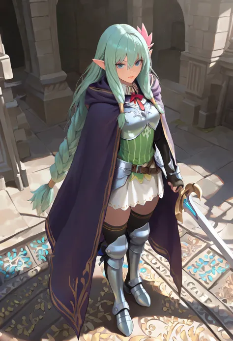 a picture of a female elf, fantasy swashbuckler, fantasy fencer, armed with a slim sword, shinning sword, magical sword, metallic shine, colorful clothes, full body, epic beautiful female elf, nlond hair, braided hair, small pointed ears, wearing purple c...
