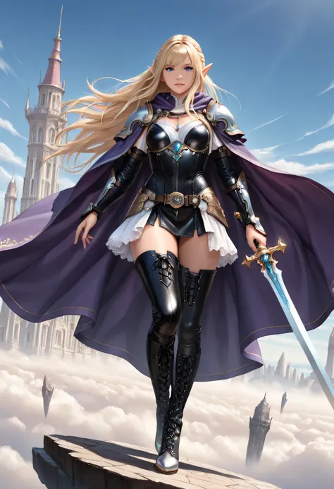 a picture of a female elf, fantasy swashbuckler, fantasy fencer, armed with a slim sword, shinning sword, magical sword, metallic shine, colorful clothes, full body, epic beautiful female elf, blond hair, braided hair, small pointed ears, wearing purple c...