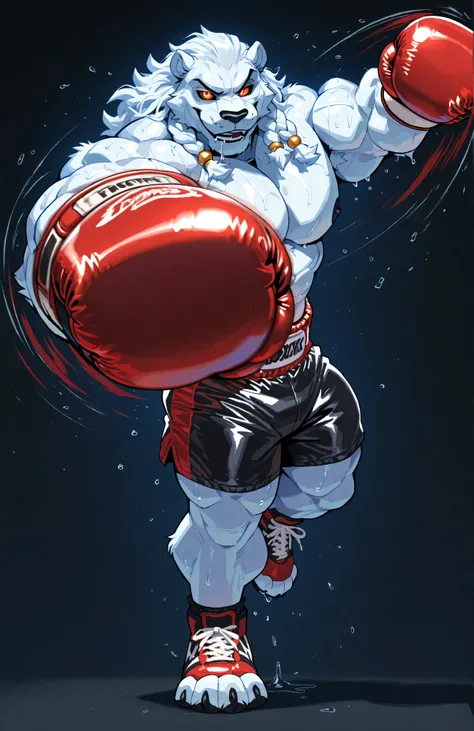 solo, 1boy, full body, correct anatomy, ThokkIN, furry, anthro, masculine, tough face, detailed face, detailed glowing eyes black sclera orange pupils, very muscular, athletic body, broad shoulders, thick arms, small head, smile, drooling saliva, sweat dri...