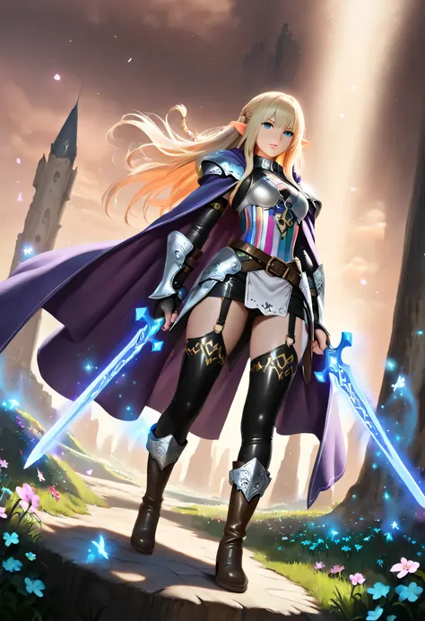 a picture of a female elf, fantasy swashbuckler, fantasy fencer, armed with a slim sword, shinning sword, magical sword, metallic shine, colorful clothes, full body, epic beautiful female elf, blond hair, braided hair, small pointed ears, wearing purple c...