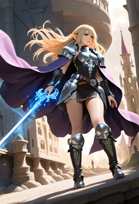 a picture of a female elf, fantasy swashbuckler, fantasy fencer, armed with a slim sword, shinning sword, magical sword, metallic shine, colorful clothes, full body, epic beautiful female elf, blond hair, braided hair, small pointed ears, wearing purple c...