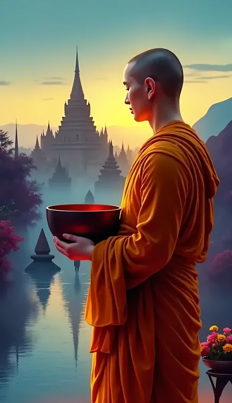 ရဟန်းသာ သပိတ်ကိုင်ထားပုံ ပန်းချီပုံ background is myanmar bagan sense