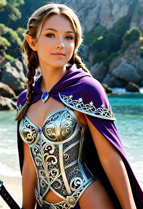 a picture of a female elf, fantasy swashbuckler, fantasy fencer, armed with a slim sword, shinning sword, magical sword, metallic shine, colorful clothes, full body, epic beautiful female elf, nlond hair, braided hair, small pointed ears, wearing purple c...